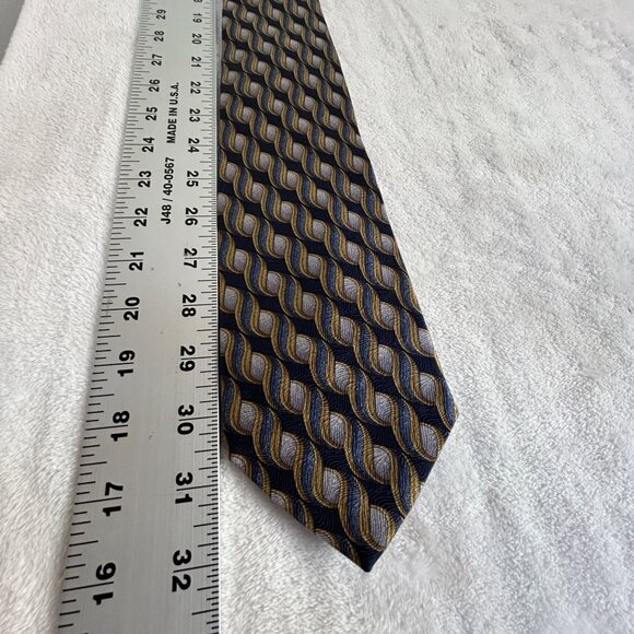 Guy Laroche Men’s Silk Necktie Blue Gold Geometric Wave Pattern Formal Business - Picture 3 of 4